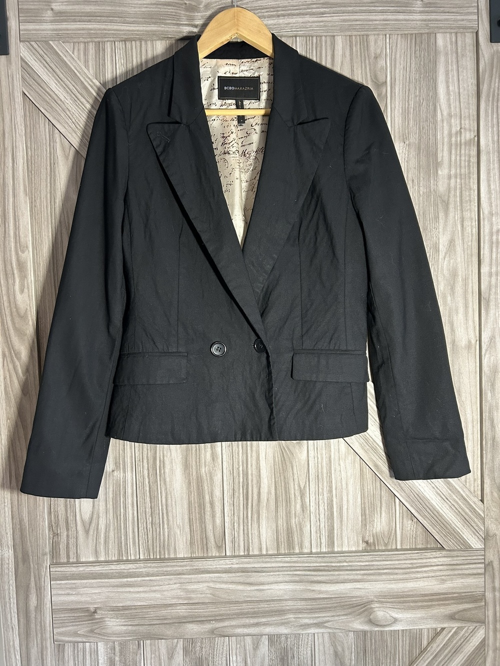BCBGMAXAZRIA Black Wool Blend Cropped Double Breasted Blazer Jacket Size M
